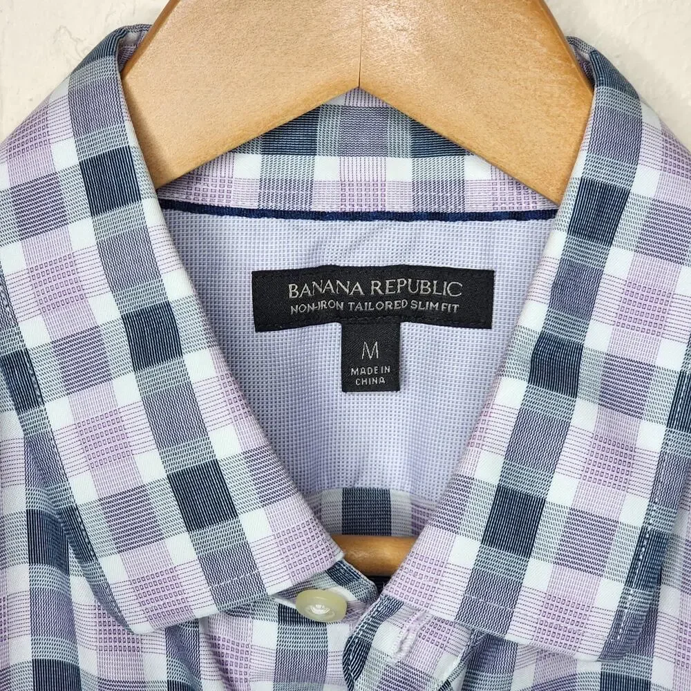 Banana Republic Non Iron Tailored Slim Fit Purple Gray Plaid Shirt Size Medium